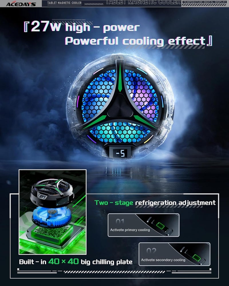 ACEDAYS iPad Cooler,Magnetic Tablet Cooler for ipad/Surface pro/Samsung Tab,iPad Cooing Fan with Temperature Display for Mobile Gaming,Tiktok Live Streaming (Green Mech+3 pcs Magnetic Suction Sheet) - Image 4